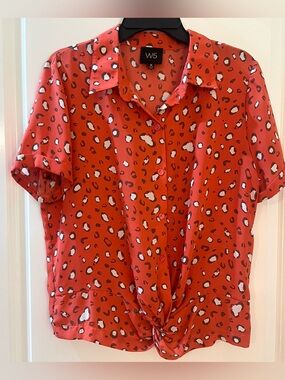 W5 Coral Red Leopard Print Tie-Front Blouse